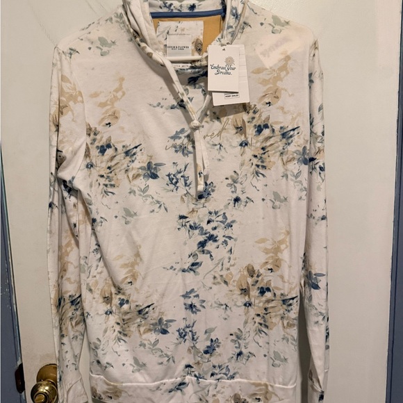 Denim & Flower Tops - Denim & Flower Cream Floral Pullover Hoodie with Blue Accents